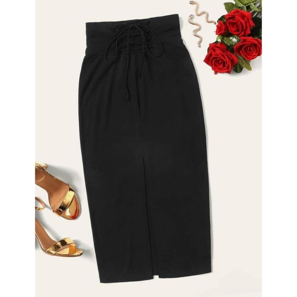 Lace Up Wide Waistband High Split Skirt - Picture 2 of 12